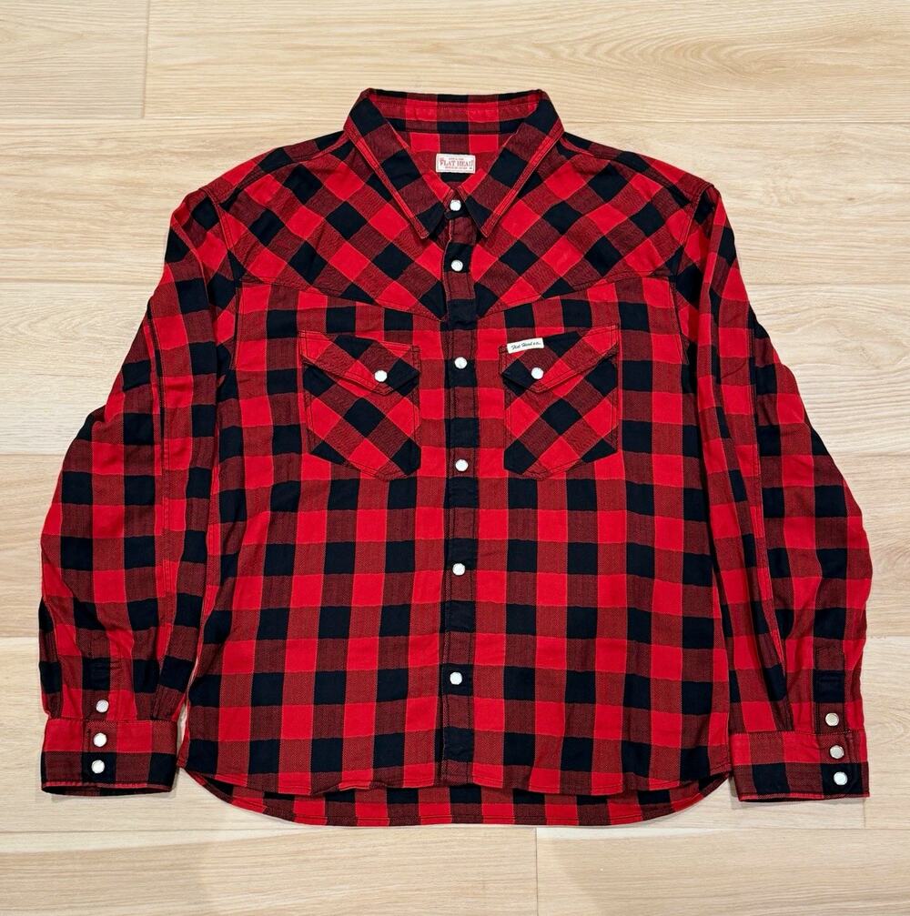 Flat Head Men’s Size 44 Red/Black Plaid Button-Up Shirt w/ Pockets